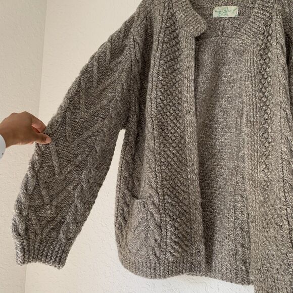 VTG Quill's Sweater Cardigan XL* Gray Wool Open Chunky Fisherman Grandpa Ireland - Picture 5 of 9